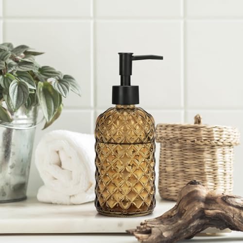 1 Pack 13.5oz Glass Soap Dispenser with Plastic Pump, Diamond Design Refillable Hand Soap Dispenser for Hand Wash, Bathroom and Kitchen (Amber) - color: Amber
