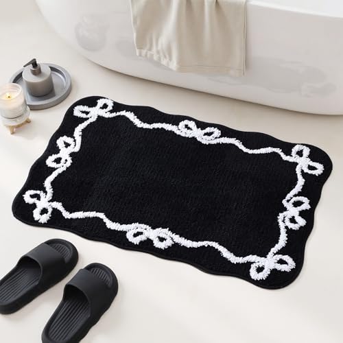 TRUEDAYS Black Scalloped Bath Mat - Cute Bow Bathroom Rugs Small Non Slip Bath Mat, Soft & Absorbent Bath Rugs for Bathroom Decor, Tub, Vanity Floor - color: Black Scalloped Bow