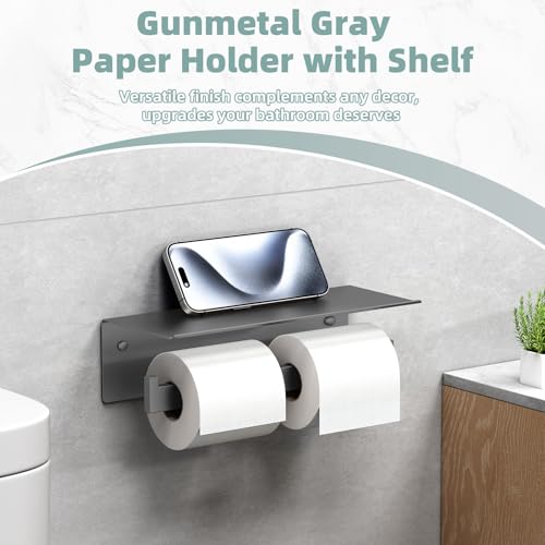 APLusee Gunmetal Gray Double Toilet Paper Holder with Shelf, 304 Stainless Steel Bathroom Tissue Roll Holder, Wall Mounted Paper Dispenser for Bathroom Kitchen, Fits Mega Rolls - color: Gun Gray, size: Double Rod