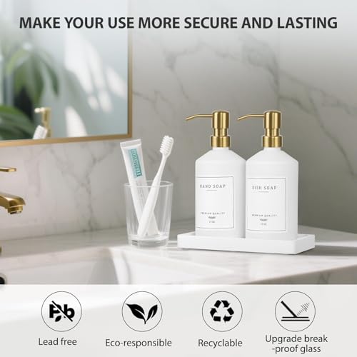 Gold Soap Dispenser Set, Glass Hand and Dish Soap Dispenser Set with Tray,Stainless Pump,14 Stickers for Kitchen,Bathroom Soap and Lotion Dispenser,Modern Counter Decor (White Bottle/Gold Pump) - color: White Bottle + Gold Pump