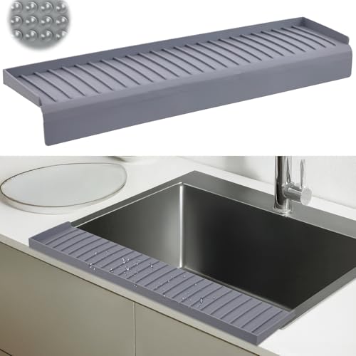 Sink Edge Protector with Suction Cup 4"x14", Silicone Sink Splash Guard for Kitchen & Bathroom, Protect Countertop from Scratches, Stains, for Stainless Steel Granite Quartz-Grey - color: Gray, size: 4in x 14in