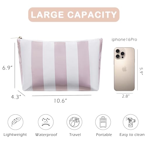 RSRSLEII Large Waterproof Travel Striped Makeup Bag, Aesthetic PVC Toiletry Bag, Coquette Cosmetic Bag, Sunscreen Accessories Storage Organization, Beach Travel Purse(Pink) - color: Pink