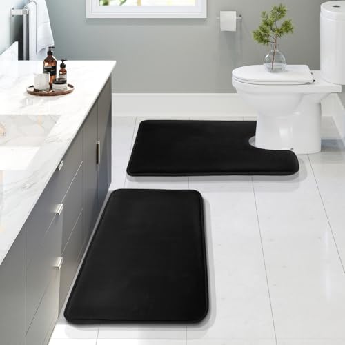 Clara Clark Bathroom Rugs, Velvet Memory Foam Bath Mat, Non-Slip Bath Rugs, Machine Wash, Dries Quickly, Ultra Soft Plush Bath Mats for Bathroom, - color: Black, style: 20 x 32 + Contour