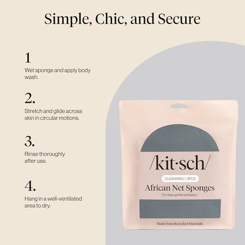 Kitsch African Net Sponge – Exfoliating Body Scrubber for Cleansing & Gentle Daily Exfoliation – Stretchable Bath Sponge for Hard-to-Reach Areas, Long-Lasting Shower Essential - Aqua Grey, 3 Pcs - color: Aqua Grey