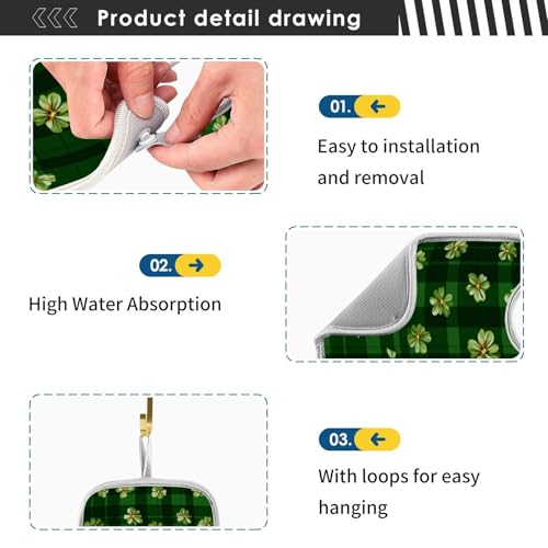 Green Checkered Black St Patricks Clovers Sink Mat for Faucet Sink Splash Guard Faucet Handle Drip Catcher for Kitchen Bathroom Absorbent Microfiber Dish Drying Mat with 1 Hole 2pcs M - color: Green Checkered Tiny Clovers Line, size: 23.6x5.5in x2