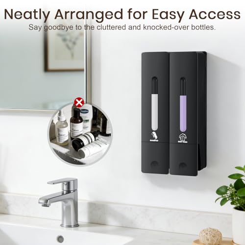 2 Chamber Shampoo and Conditioner Dispenser, No Drill - Wall Mounted Shower Soap Dispenser, Refillable Body Wash Dispenser Set 2, 800ML Capacity, for Bathroom & Hotel, Black - color: Black Set of 2