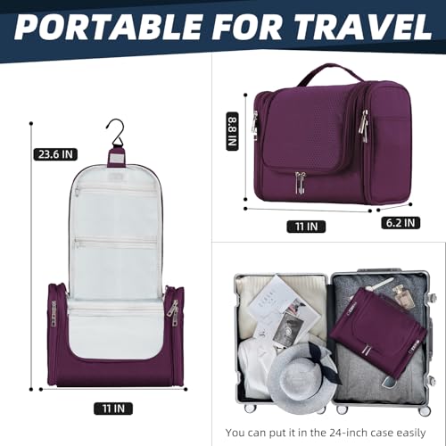 Buruis Hanging Toiletry Bag for Women and Men, Large Water-Resistant Makeup Organizer with Sturdy Hook, Lightweight Nylon Dopp Kit for Full-Sized Toiletries & Cosmetics, Purple - color: Purple, size: Large