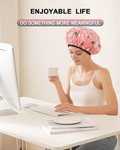 YIZIJIZI Triple Layer Reusable Waterproof Shower Cap for Women Large Terry Lined Hair Cap for Long Thick Hair Travel Bath Care Pink Flowers - color: Pink Flowers