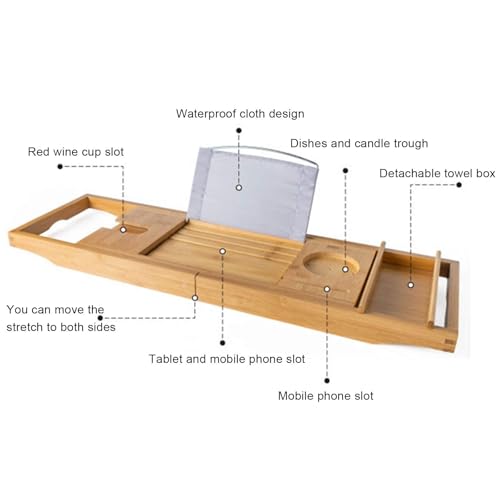 Bath Caddy Tray Bamboo Bathtub Tray Caddy Expandable with Wine Glass Holder and Book Stand