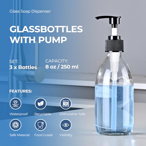 8 oz Clear Glass Pump Bottle, 250ml Small Lotion Dispenser Bottle for Body Massage Oil, Refillable Empty Hand and Dish Soap Dispensers Set with Labels - 3 Pack - color: Clear