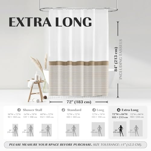 Seasonwood Extra Long 84 Inch Tall Shower Curtain Beige and White Striped Shower Curtain with Tassels Water Repellent, Wrinkle Free - color: Beige and White, size: 72"W x 84"L (Pack of 1)