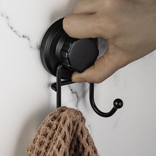 HASKO Suction Cup Hook for Shower, Stainless Steel Bathroom Suction Towel Hooks Hanger, Organizer for Towel, Bathrobe and Loofah, Includes Optional No Drill Adhesive Mount for Inside Shower, Black - color: Black (1 Pack)