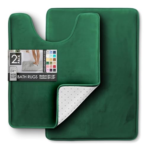 Clara Clark Bathroom Rugs, Velvet Memory Foam Bath Mat, Non-Slip Bath Rugs, Machine Wash, Dries Quickly, Ultra Soft Plush Bath Mats for Bathroom, - color: Hunter Green, style: 17 x 24 + Contour