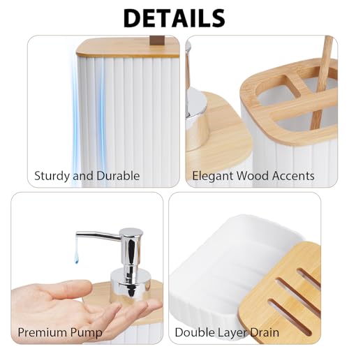 Bathroom Accessory Set - 10 Piece White Bathroom Sets Complete with Trash Can, Toothbrush Holder & Cup, Soap Dispenser, Soap Dish, Toilet Brush & Holder, Vanity Tray, Qtip Holder, Tissue Box Cover - color: White