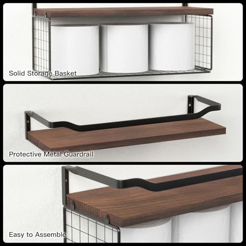 WOPITUES Floating Shelves with Wire Storage Basket, Bathroom Shelves Over Toilet with Protective Metal Guardrail, Wood Wall Shelves for Bathroom, Bedroom, Living Room, Toilet Paper- Dark Brown - color: Dark Brown