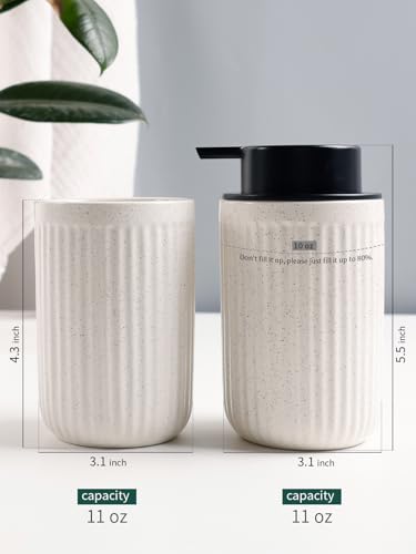Bosilunlife Soap Dispenser and Toothbrush Holder Set - Dish Hand Soap Dispenser Bathroom Set Ceramic Bathroom Counter Soap Toothbrush Holder Set Beige Bathroom Accessories Set - color: Beige Cylinder Stripes Liquid Pump & Toothbrush Holder