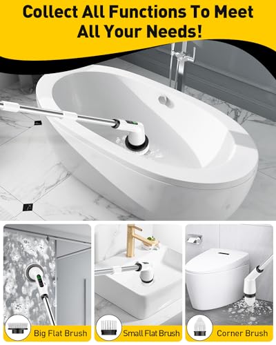 Electric Spin Scrubber for Cleaning Bathroom, Shower Scrubber Cordless Cleaning Brush with IPX7 Waterproof & 2 Speed, 3 Flat Brush Heads, Bathroom Cleaning Supplies for Shower Tub Kitchen Tile Toilet - color: White, size: 3 Brush Heads