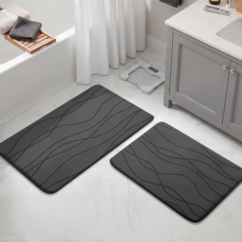 YIHOUSE Bathroom Rugs Set 2 Piece, Memory Foam Bath Mat Dark Grey | 17x24& 20x32, Ultra Soft, Absorbent, Non-Slip, Machine Washable, for Bathroom, Sink and Toilet - color: Dark Grey, size: 2'8" x 1'8" (Rectangular)