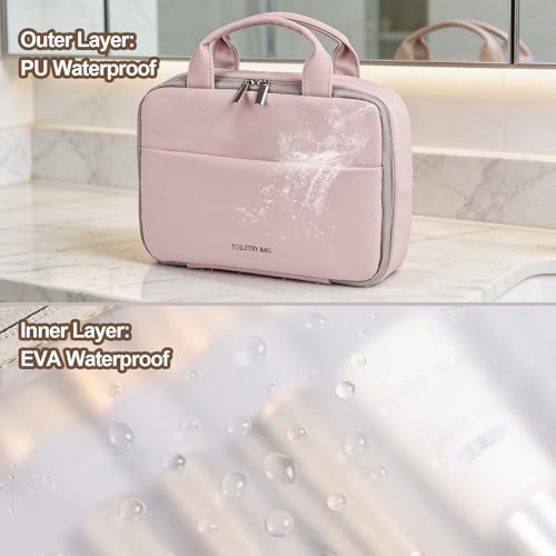 Hanging Toiletry Bag for Travel, PU Leather Hanging Organizer – Cosmetic Travel Bags for Women, 3-Layer Foldable Waterproof EVA, Makeup Case with Hook for Weekend Trips & Toiletries(Dusty Rose) - color: Dusty Rose