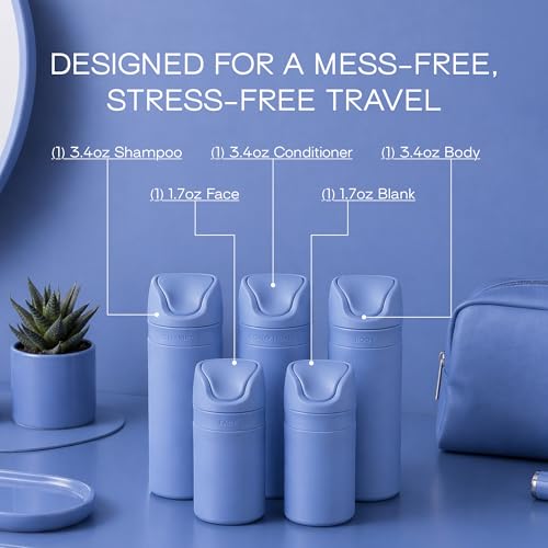 RIES Essential Refillable Toiletry Travel Bottles Airless Pump Set | TSA Approved, Leak Proof Airless Pump, BPA Free Recycled Plastic, 5 Piece Blue Color Set, Dishwasher Safe - color: Runaway Blue