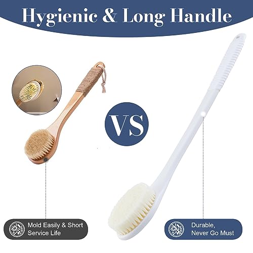 Back Scrubber for Shower, Shower Body Brush for Cleaning with Long Handle for Showering, 17 Inch Back Washer Exfoliator for Shower Men Women with Non-Slip Handle, Adhesive Hook (White) - size: White - Artificial Bristles