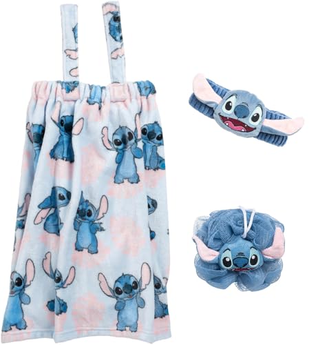Jay Franco Disney Lilo and Stitch 3 Piece Spa & Bath Set - Includes Towel Wrap, Loofah & Spa Headband - Kids Bath & Shower Accessories - color: Blue - Stitch