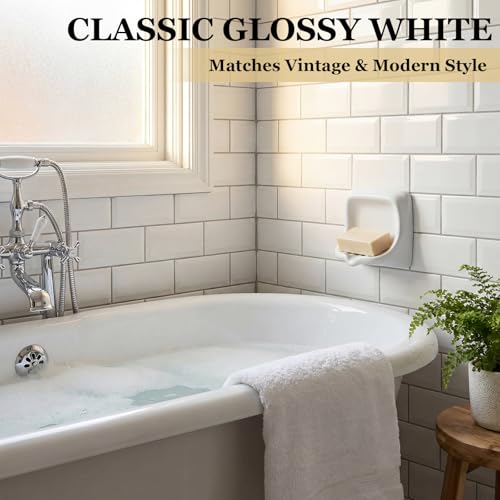 1 Pcs White Vintage Wall Mount Ceramic Soap Dish for Shower Wall, Space-Saving, Retro Ceramic Soap Holder, Self-draining Built-in Holder for Bathroom & Laundry Keep Dish Dry - style: Wall Mount