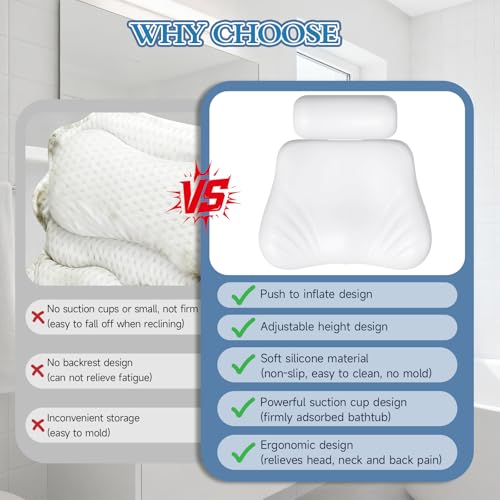 Silicone Bath Pillows for Tub, Easy Clean, Quick Dry, Non Slip Bath Pillow, Head and Back Both Inflatable Adjustable, Comfortable Luxury Bathtub Pillow with 5 Large Suction Cups - color: White