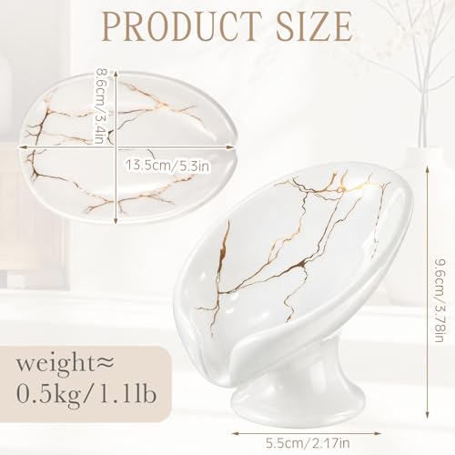 2 Pack Soap Dishes for Bar Soap Holder Ceramic Decorative Self Draining Leaf Shape Design for Sink Modern Bathroom Shower Kitchen, Marble Pattern(White Gold)