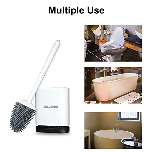 Sellemer Silicone Toilet Brush, Ventilation Slots Holder 2 Pack Pearl White | Flexible Bristles Flat Head for Rim, Hair Tangle-Free, Easy to Clean, Compact Design, Rustproof Handle, for Toilet/Sink/Tub - color: Pearl White-2pcs