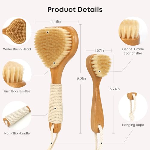 eaxun Bamboo Dry Brushing Set with Body and Face Brush, Dry Scrub Brush with Exfoliating Natural Boar Bristle for Lymphatic Drainage, Cellulite Reduction, Blood Circulation and Glowing Skin, 2 Pack - color: Boar Bristles