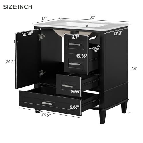 Linique 30" Modern Bathroom Vanity with Sink Combo Set, Solid Wood Frame Bathroom Storage Cabinet with a Soft Closing Door and 3 Drawers, Black - color: Black, size: 30"/ Door without Organizer