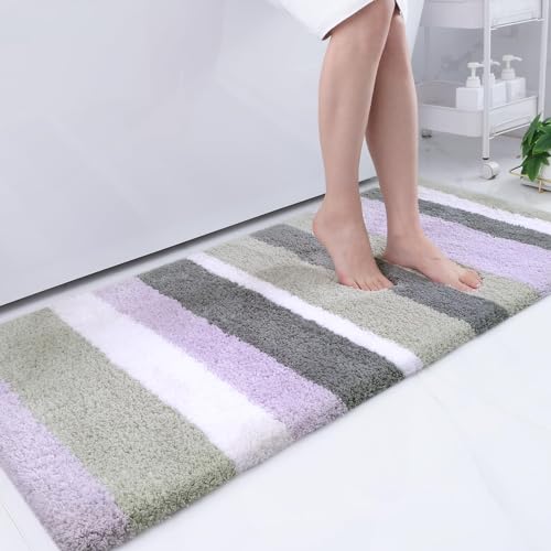 Buganda Microfiber Striped Bathroom Rugs Bath Mat, Extra Thick, Soft and Shaggy, Absorbent, Machine Washable, Bath Rugs for Bathroom, Tub and Shower, 70x24 Inches, Purple-Grey - color: Purple-grey, size: 70" X 24"