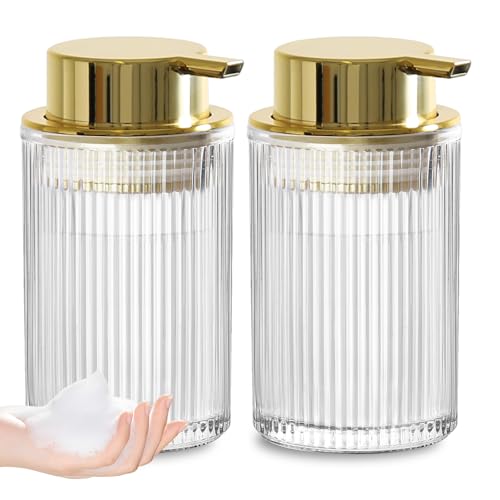 KASUNTING Foaming Soap Dispenser, 2 Pack Clear Glass Foam Hand Soap Dispenser for Bathroom & Kitchen, Refillable Foaming Pump Bottle with Gold Pump, Modern Ribbed Dish Soap Foam Dispenser with 4 Straw - color: Clear Bottle+ Gold Pump, size: Foam-2 Pack