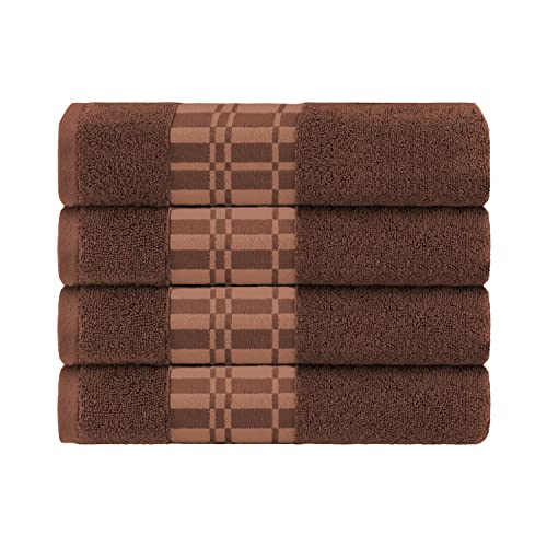 Superior 4-Piece Cotton Bath Towel Set, Geometric Design, Dobby Border, Body Towel for Bathroom, Guest Bath, Spa, Resort, Hotel, Airbnb, Home Essentials, Adult, Kids, Larissa Collection, Chocolate - color: Chocolate, size: Bath Towel Set (4-pack)