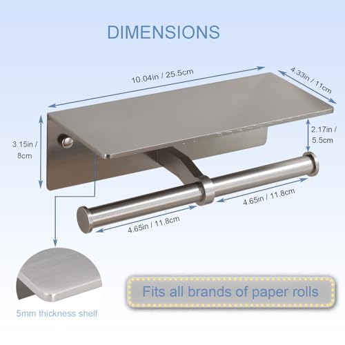 Toilet Paper Holder - Double Rolls Toilet Tissue Holder with Phone Shelf for Bathroom - TP Roll Holder with Wipes Storage, Wall Mounted by Adhesive Tape No Drilling or Screw - Brushed Nickel - color: Brushed Nickel-2 Rolls