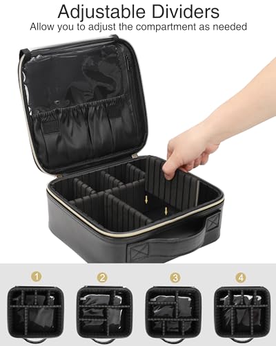 Relavel Makeup Bag, Travel Cosmetic Train Case Organizer Portable Artist Storage Bag with Adjustable Dividers for Cosmetics Makeup Brushes Toiletry Jewelry Digital Accessories Quilted Leather Black - color: Quilted Leather, size: Small