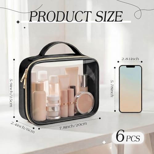 Abbylike 6 Pcs Clear Makeup Bags Bulk 7.9 x 5.9 x 2.4 Inches Quart Size Approved PU Leather Toiletry Bag with Handles Small PVC Clear Travel Cosmetic Case for Women Wedding Bridal Gifts(Black) - color: Black