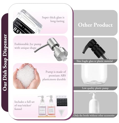 Glass Soap Dispenser with Pump,Tray,Funnel, Countertop Soap and Lotion Dispenser Set of 2 with 60 Stickers, Dish and Hand Soap Dispenser Bottle for Kitchen,Bathroom,Shower, 500ml/16.9oz - color: Blk-5070-2s