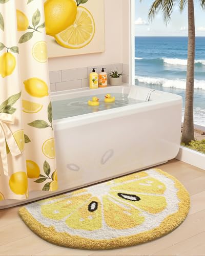 DEXI Cute Bathroom Rugs Half Round, Funny Fruits Absorbent Bath Mat Non Slip Washable, Extra Soft Plush Microfiber Bathmat for Shower Floor, Tub, Sink, Bedroom, 32x20, Lemon - color: Lemon Yellow