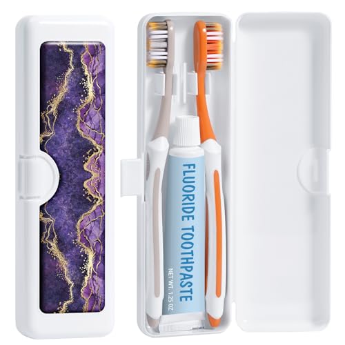 Toothbrush Travel Case - Colorful Pattern, Holder and Covers for Toothbrushes, Includes Tongue Scraper Case - color: Purple Marble, size: Large