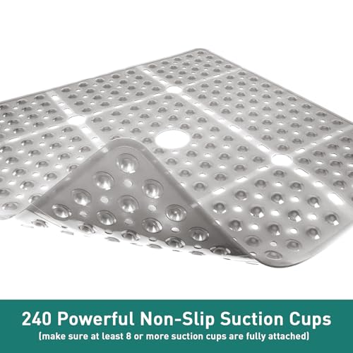 Large Square Shower Mat 27 x 27 Inch Clear Gray, Non Slip Shower Bathtub Mats for Inside Shower with Big Suction Cups Drain Holes, Anti Slip Bathroom Floor Stall Mats, Easy Clean, BPA-Free - color: Clear Grey