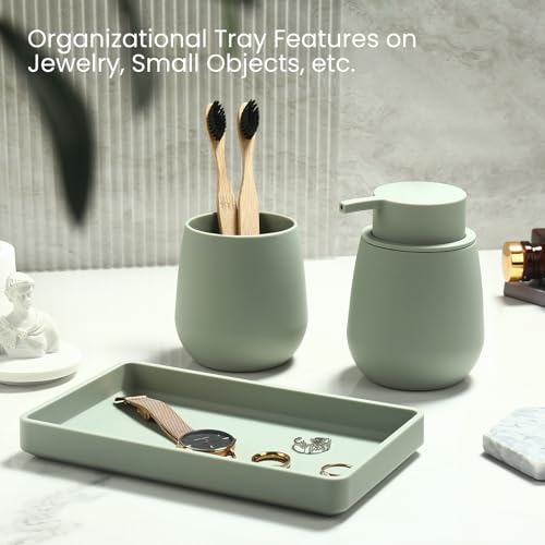 Bathroom Accessories Set, Modern 3 Pcs Bathroom Essentials - Soap Dispenser, Toothbrush Holder & Tray, Countertop Vanity Organizer (Green) - color: Green