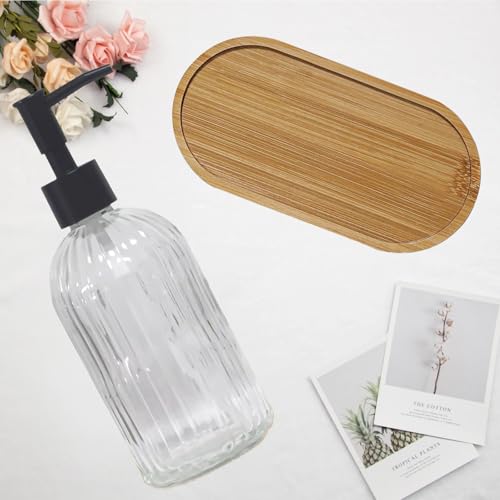 Glass Hand and Dish Soap Dispenser Set of 2 with Plastic Pumps, Bamboo Tray, 13.5oz Clear Bathroom Soap Dispenser with Vertical Stripe for Hand Wash & Dish Wash, Ideal for Bathroom Kitchen Countertop - color: Clear