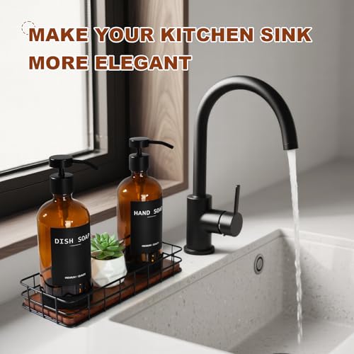 Kitchen Soap Dispenser Set with Tray, Amber Glass Soap Dispensers with Iron Basket, Decorative Hand and Dish Soap Dispenser Set, Soap and Lotion Dispensers for Kitchen and Bathroom Storage Organizer