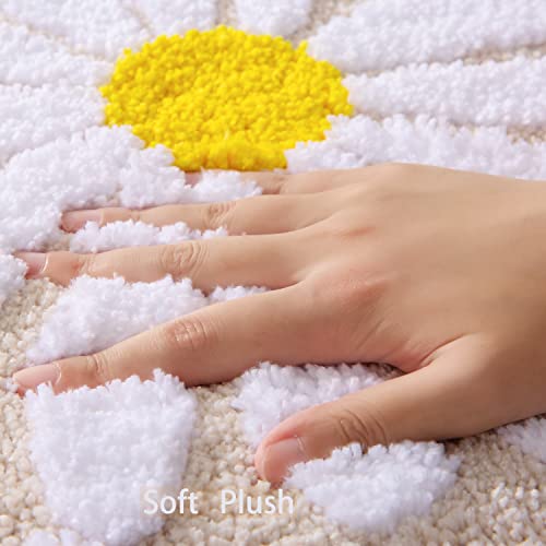 QJHOMO Bathroom Rugs Sets 2 Piece, Cute Daisy Bath Mat Beige Toilet Rug U Shaped, Flower Deocr Bathroom Set Non Slip Contour Bathmat, Super Absorbent Microfber Floor Mats Machine Washable Carpets - color: Beige, size: 1'8" x 2' (Rectangular & U-Shape)