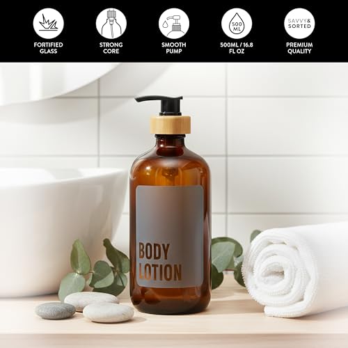 SAVVY & SORTED Amber Glass Body Lotion Dispenser with Pump, Soap Dispenser Bathroom Set, Refillable Glass Lotion Bottle with Label, Matching Soap and Lotion Dispenser Set Available, 17 Fl Oz / 500 ml - color: Amber - Body Lotion 500 Ml