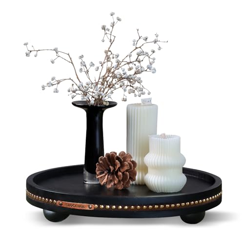 Farmhouse Decorative Round Tray, 11.81 Inch, Versatile Centerpiece Tray for Coffee Table Kitchen Living Room Bathroom, Home Decor Accent Black - color: Black