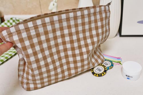 HAPPYHEIDI Khaki Gingham Cotton Makeup Bag Cosmetic Travel Pouch with Bottom, Make Up Purse Organizer, Zipper Closure, Canvas Lined… - color: SX427 Khaki Gingham Cotton