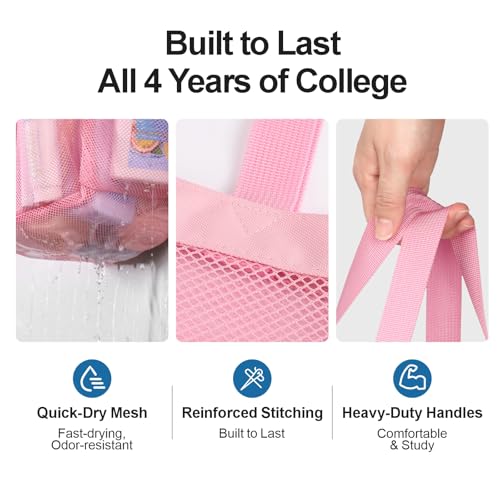 Mesh Shower Caddy Portable - 8 Pockets, S-Hook, Shower Bag for Dorm Camping | 2-Handle, Quick-Dry, Hanging Toiletry Organizer, College Dorm Room Essentials for Girls, Gym, Travel & Bathroom, Pink - color: Pink, size: L (Classic Dorm Caddy)